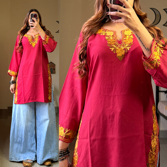 Nora Short Kashmiri Kurti- Red