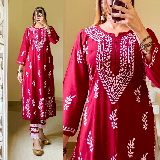 Meher Afghani Chikankari Set-Maroon