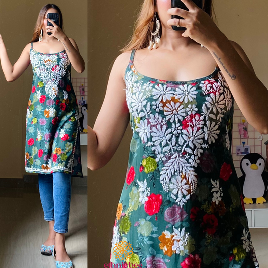 Anna Noodle Strap Chikankari Kurti-Forest Green