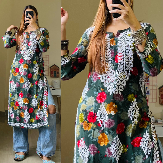 Flora Chikankankari Kurti-Forest Green