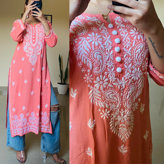 Nitya Modal Chikankari Kurti-Peach