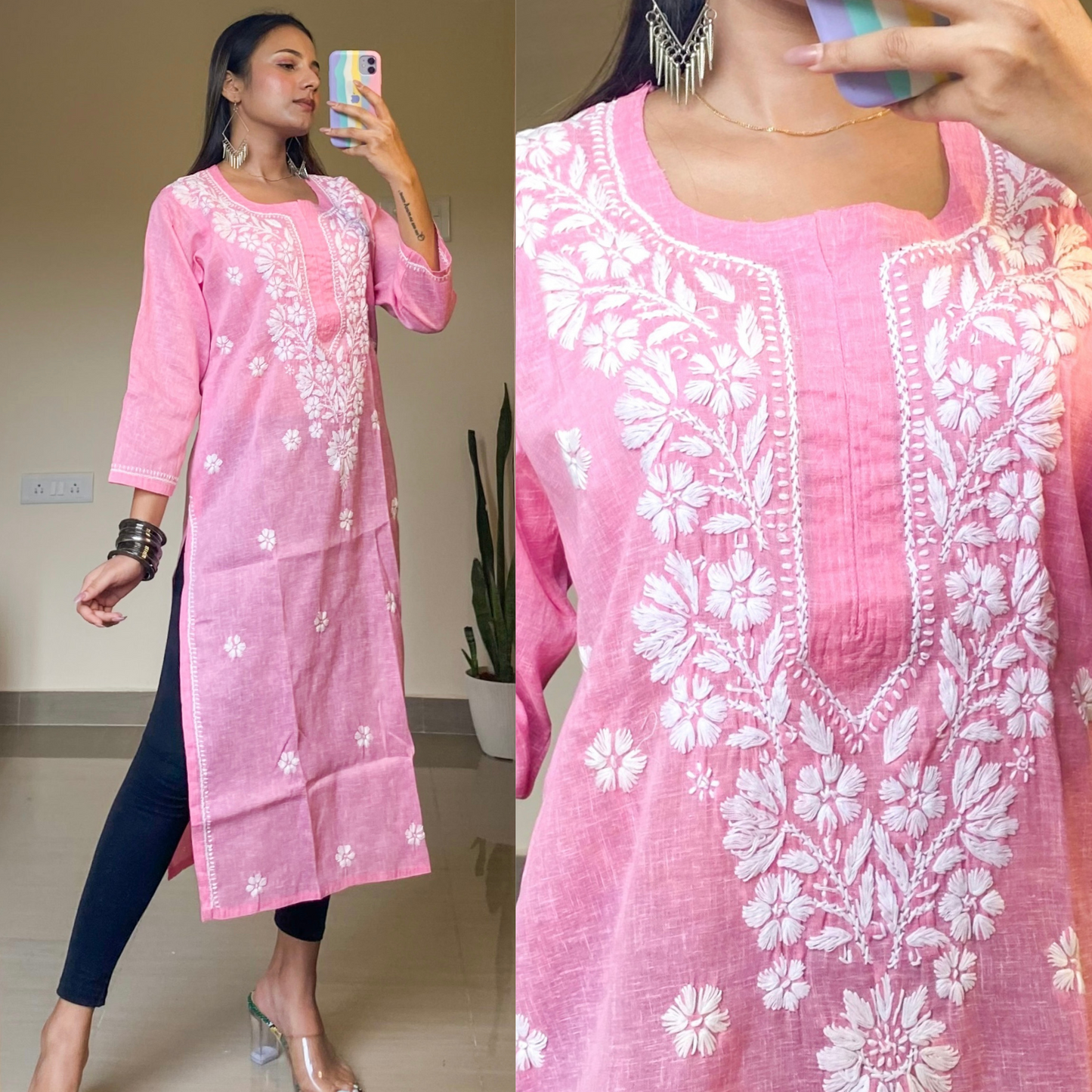 Khadi Cotton Stright Kurti-Pink