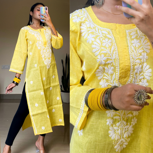 Khadi Cotton Stright Kurti-Yellow