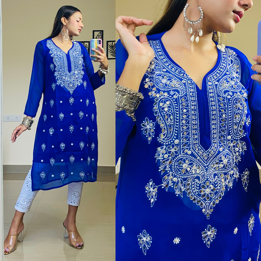 Mirror work georgette kurti-Navy blue
