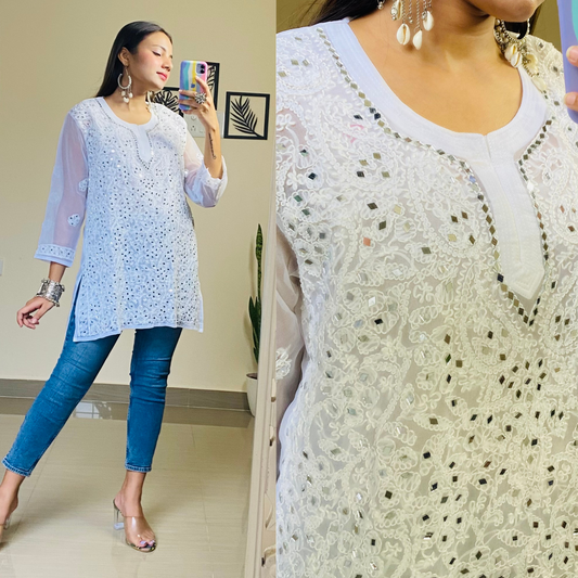 Short Mirror work Chikankari Kurti