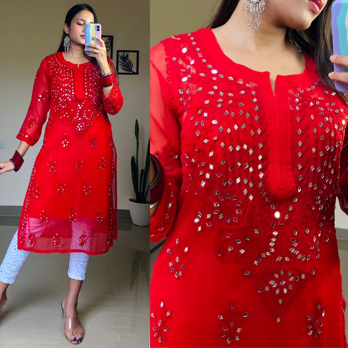 Georgette Mirror Work Kurti-Red