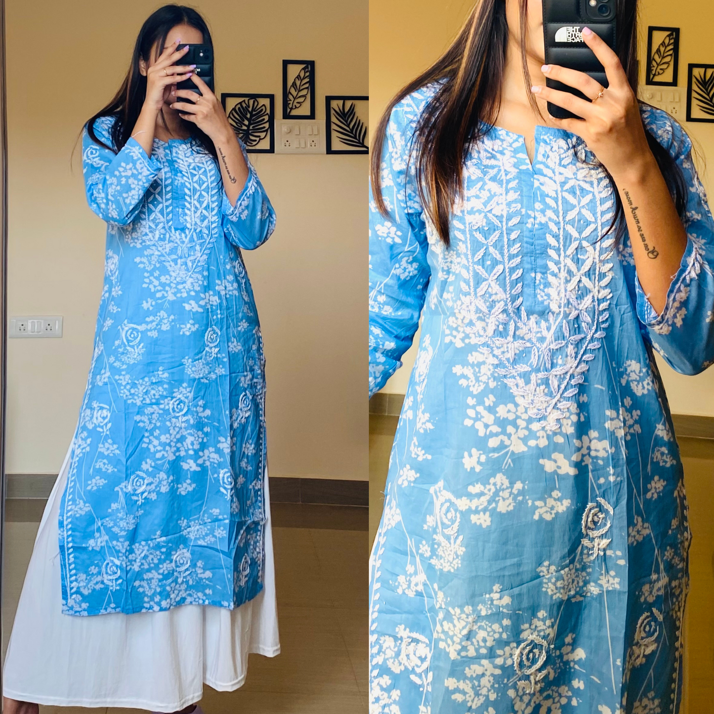Malmal Chikankari Kurti-Powder Blue